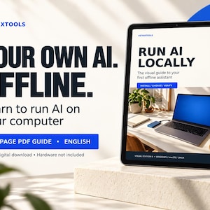 Pode incluir: Um guia digital em PDF de 55 páginas intitulado Run AI Locally da Vetrixtools, exibido na tela de um tablet. A capa apresenta um laptop em uma mesa, com o texto Learn to run AI on your computer. O guia está em inglês.