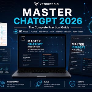 May include: A dark blue digital guide titled Master ChatGPT 2026 The Complete Practical Guide, featuring a laptop displaying the guide, a physical book, a one-page decision guide, and icons for 91 pages, 7 levels, 43 chapters, chat, research, projects, work, and codex.
