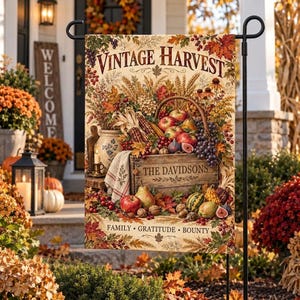 Personalized Fall Harvest Garden Flag, Custom Family Name Autumn Yard Flag, Vintage Harvest Outdoor Decor, Housewarming Gift