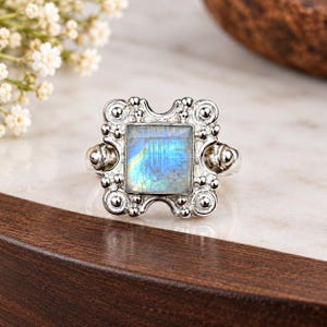 Rainbow Moonstone Ring, Rectangular Cabochon, Silver Tone, Vintage Boho Statement Jewelry