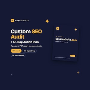 May include: A dark blue digital graphic featuring the text Custom SEO Audit + 45-Day Action Plan, PDF report, 3-5 day delivery, and No login needed. A document cover displays yourwebsite.com with the label Sample and the H logo.