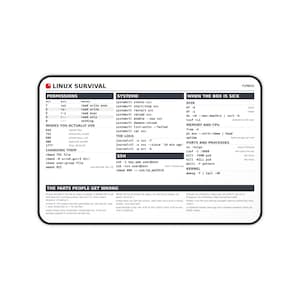 May include: A rectangular desk mat featuring a Linux Survival cheat sheet with white background and black text. It includes sections for permissions, systemd, logs, SSH, disk usage, memory, CPU, ports, processes, kernel, and common troubleshooting tips.