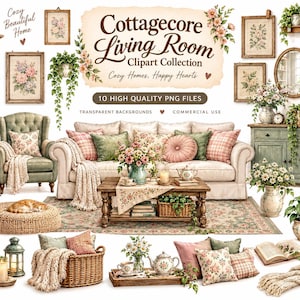 Puede incluir: Una colección de imágenes digitales titulada Cottagecore Living Room que presenta ilustraciones de un sofá, sillón, estantería de madera, mesa de centro, aparador, plantas, cuadros, cojines, mantas y gatos sobre un fondo blanco.