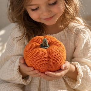 May include: A round, orange crocheted pumpkin with a small, textured dark green stem. The pumpkin features a dense, uniform stitch pattern and a segmented, ribbed appearance, creating a soft, rounded shape held in two hands.