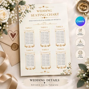 Puede incluir: Una plantilla de plano de asientos de boda con fondo crema, detalles florales dorados y el texto WEDDING SEATING CHART, FIND YOUR SEAT & CELEBRATE WITH US y WEDDING DETAILS. El diseño incluye seis mesas con espacios para nombres de invitados.