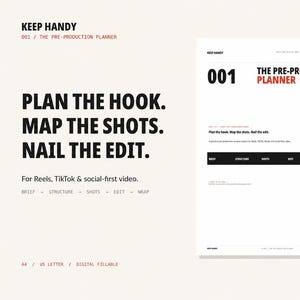 Op de afbeelding: Een wit pre-productie planningsdocument getiteld Keep Handy 001 The Pre-Production Planner. De tekst luidt Plan the hook, Map the shots, Nail the edit voor Reels, TikTok en social-first video, met secties voor Brief, Structure, Shots, Edit en Wrap.