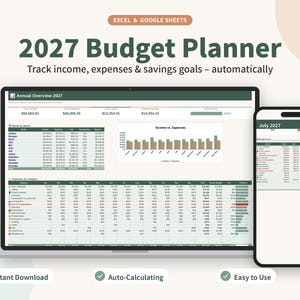 Könnte beinhalten: Eine digitale 2027 Budgetplaner-Vorlage für Excel und Google Sheets, dargestellt auf einem Laptop-Bildschirm und einem Smartphone. Die Benutzeroberfläche zeigt eine Jahresübersicht, Balkendiagramme und detaillierte Ausgabentabellen.
