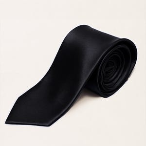 May include: A solid black necktie with a smooth, satin-like finish and a subtle diagonal weave texture. The tie is rolled into a circular shape, displaying the pointed end and the folded fabric layers in a clean, minimalist presentation.