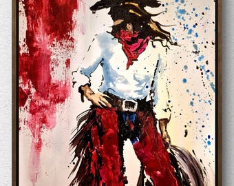 Original Expressive Cowgirl 11x14 Equestrian Woman Vibrant Acrylic Canvas A400