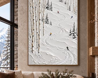 Skiing Wall Art, Snowy Forest Oil Painting, Textured Winter Landscape, Ski Cabin Decor HouseWarming Gifts