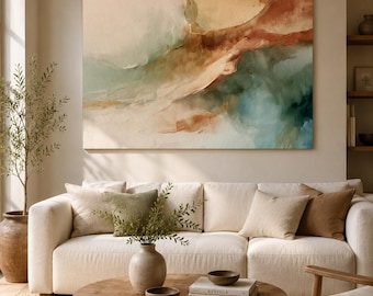 Terracotta Abstract Oil Painting, Sage Green Wall Art, Earth Tone Canvas Art, Organic Modern Painting, Large Neutral Abstract Wall Decor