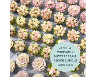 Könnte beinhalten: Eine Ansammlung von Cupcakes mit kunstvollen Buttercreme-Blüten in Rosa-, Creme- und Weißtönen. Ein hellblaues kreisförmiges Overlay zeigt den Text: VANILLA CUPCAKE & BUTTERCREAM RECIPE BUNDLE Digital guides.