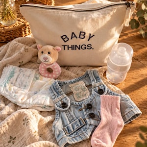 Könnte beinhalten: Eine cremefarbene Reißverschlusstasche aus Segeltuch mit dem dunkelblauen Aufdruck BABY THINGS. Die Tasche ist umgeben von einer hellblauen Jeansweste, einer rosa Babysocke, einer kleinen Plüschbärenrassel, einer Babyflasche und einer Windel.