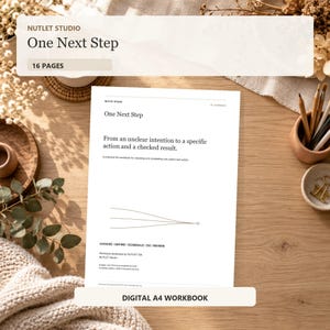 May include: A white A4 workbook titled One Next Step by Nutlet Studio. The cover features the text From an unclear intention to a specific action and a checked result, a line graphic, and the footer text CHOOSE / DEFINE / SCHEDULE / DO / REVIEW.