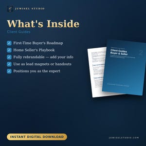 Puede incluir: Un conjunto de documentos digitales titulado Client Guides Buyer & Seller con una cubierta azul oscuro y texto blanco. La lista incluye First-Time Buyer's Roadmap y Home Seller's Playbook. El texto indica que son totalmente editables.