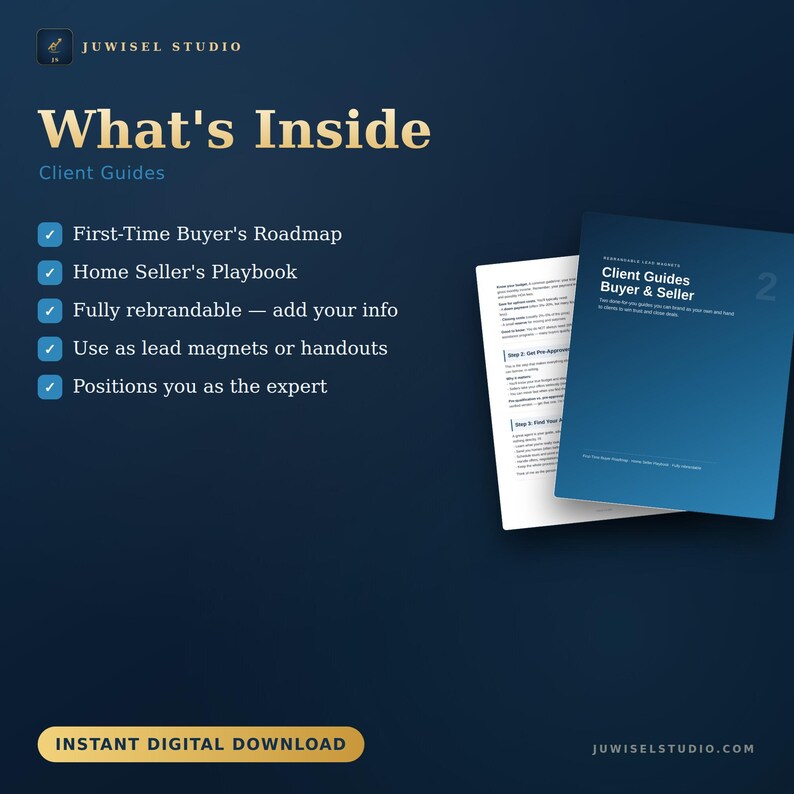 Puede incluir: Un conjunto de documentos digitales titulado Client Guides Buyer & Seller con una cubierta azul oscuro y texto blanco. La lista incluye First-Time Buyer's Roadmap y Home Seller's Playbook. El texto indica que son totalmente editables.