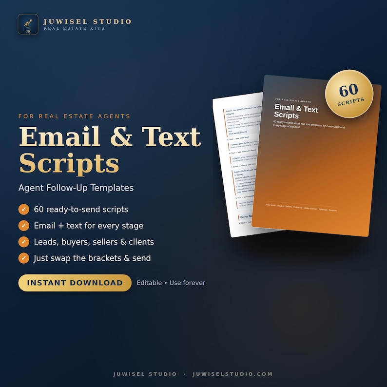 May include: A digital product kit titled Email & Text Scripts for real estate agents by Juwisel Studio. The document features a gradient orange cover with a 60 scripts badge, listing 60 ready-to-send templates for leads, buyers, and sellers.