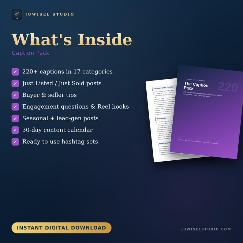 May include: A digital marketing resource titled The Caption Pack by Juwisel Studio, featuring a purple cover and an interior page list. It includes 220+ captions in 17 categories, buyer and seller tips, engagement questions, reel hooks, and a 30-day content calendar.