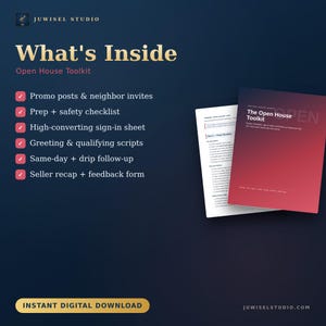 Op de afbeelding: Een digitale Open House Toolkit documentenset met een donkerblauwe achtergrond en een rood verloop op de omslag. De tekst somt de inhoud op, waaronder promotieberichten, uitnodigingen, checklists voor voorbereiding en veiligheid en formulieren.