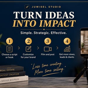 May include: A dark blue graphic display titled TURN IDEAS INTO IMPACT with four numbered steps: Choose a script, Customize, Film and post, and Get more views. A smartphone on a tripod stands beside a stack of three books labeled REAL ESTATE, CONTENT CREATION, and A BIGGER BUSINESS.