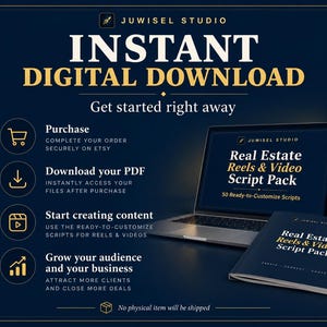 May include: A dark blue digital product graphic for Juwisel Studio featuring the text Instant Digital Download and Real Estate Reels & Video Script Pack. It displays a laptop and a booklet, with a four-step numbered list explaining the purchase process.
