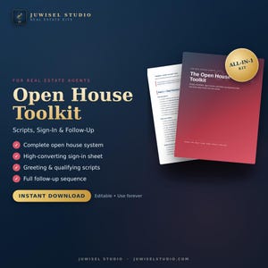 Op de afbeelding: De Open House Toolkit voor makelaars van Juwisel Studio heeft een rood en donker verloop op de omslag met een gouden All-In-One Kit badge. Het bevat scripts, aanmeldformulieren en follow-up sequenties voor een open huis systeem.