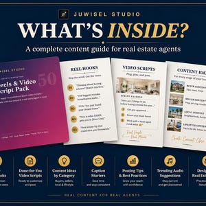 May include: A digital marketing guide for real estate agents titled Juwisel Studio Reels & Video Script Pack. The set includes a purple cover book and three white informational cards detailing reel hooks, video scripts, and content ideas.