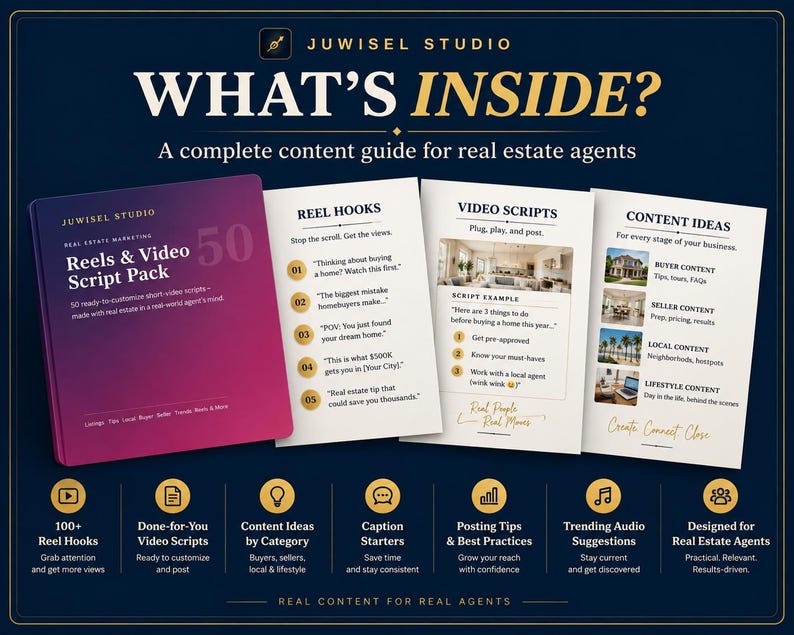 May include: A digital marketing guide for real estate agents titled Juwisel Studio Reels & Video Script Pack. The set includes a purple cover book and three white informational cards detailing reel hooks, video scripts, and content ideas.