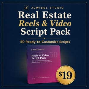 May include: A digital product graphic titled Real Estate Reels & Video Script Pack by Juwisel Studio. It features 50 ready-to-customize scripts for real estate agents, displayed on a purple-to-pink gradient cover with gold text accents.