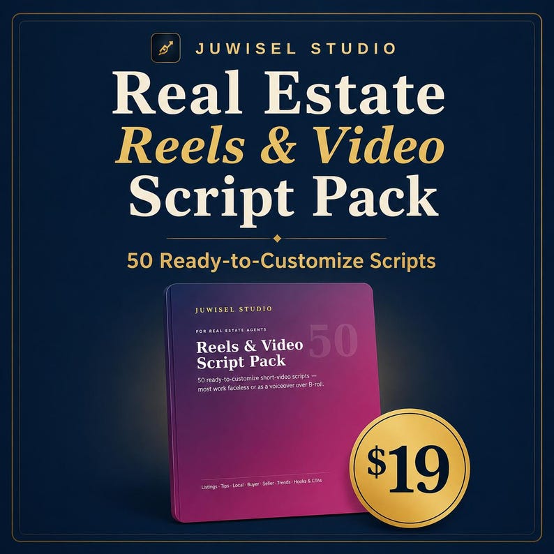 May include: A digital product graphic titled Real Estate Reels & Video Script Pack by Juwisel Studio. It features 50 ready-to-customize scripts for real estate agents, displayed on a purple-to-pink gradient cover with gold text accents.