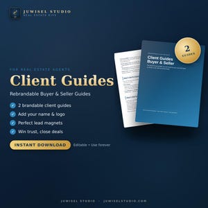 Puede incluir: Un kit de marketing digital para agentes inmobiliarios titulado Client Guides, que incluye dos gu&iacute;as rebrandizables para compradores y vendedores. El gr&aacute;fico azul oscuro incluye texto dorado, una lista de funciones y una insignia circular 2 GUIDES.