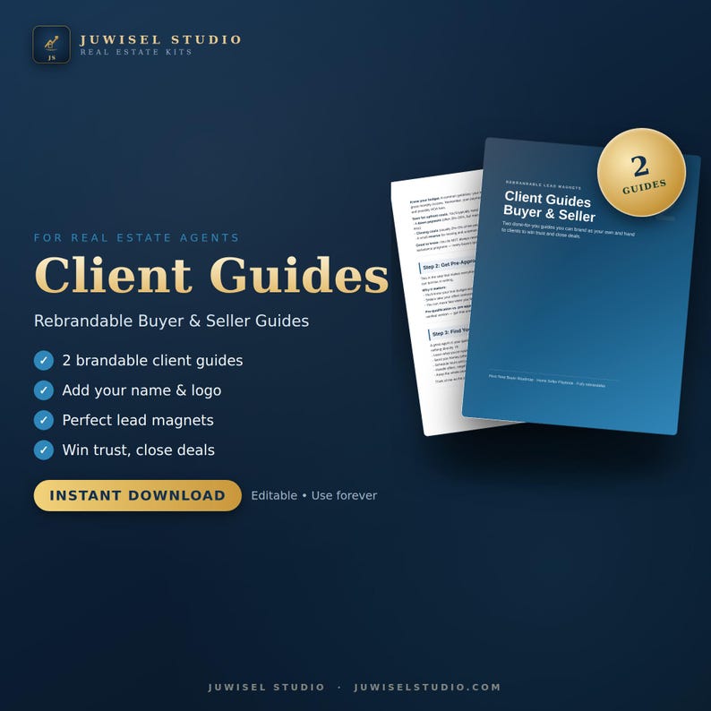 Puede incluir: Un kit de marketing digital para agentes inmobiliarios titulado Client Guides, que incluye dos gu&iacute;as rebrandizables para compradores y vendedores. El gr&aacute;fico azul oscuro incluye texto dorado, una lista de funciones y una insignia circular 2 GUIDES.