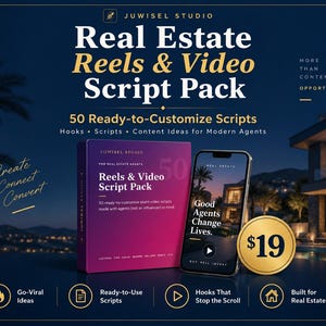 May include: A digital product bundle titled Real Estate Reels & Video Script Pack by Juwisel Studio, featuring a purple box, a smartphone displaying a real estate video with the text Good Agents Change Lives, and a gold circular icon.