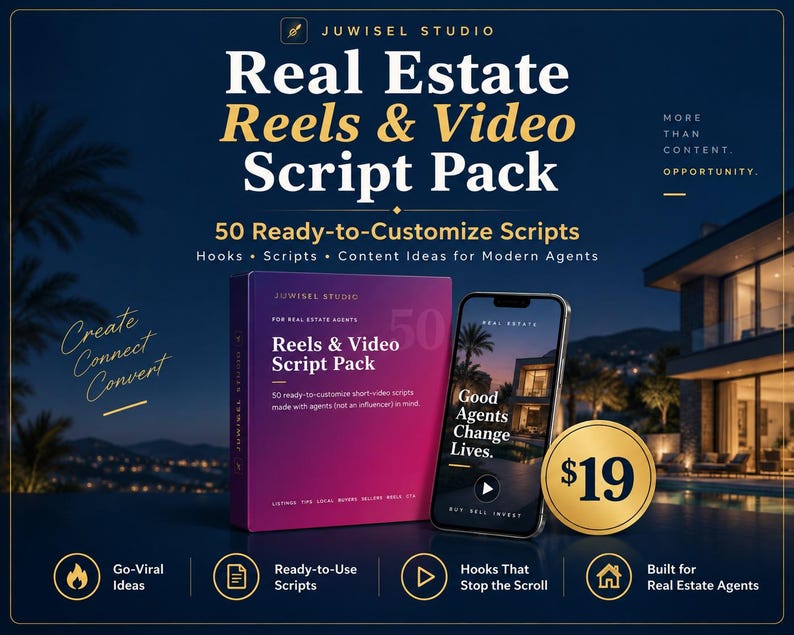 May include: A digital product bundle titled Real Estate Reels & Video Script Pack by Juwisel Studio, featuring a purple box, a smartphone displaying a real estate video with the text Good Agents Change Lives, and a gold circular icon.