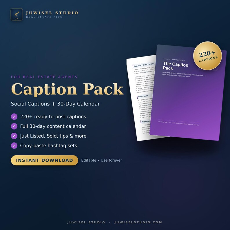 May include: A digital marketing resource titled The Caption Pack for real estate agents, featuring a purple cover with a gold 220+ captions badge, a 30-day content calendar, and a list of social media caption categories on a dark blue background.