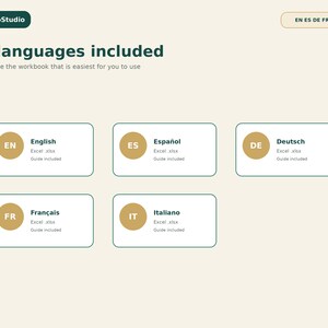 May include: A digital interface titled SaldoStudio featuring 5 languages included. It displays five rectangular boxes, each containing a language code, the language name, Excel .xlsx file format, and the text Guide included for English, Spanish, German, French, and Italian.