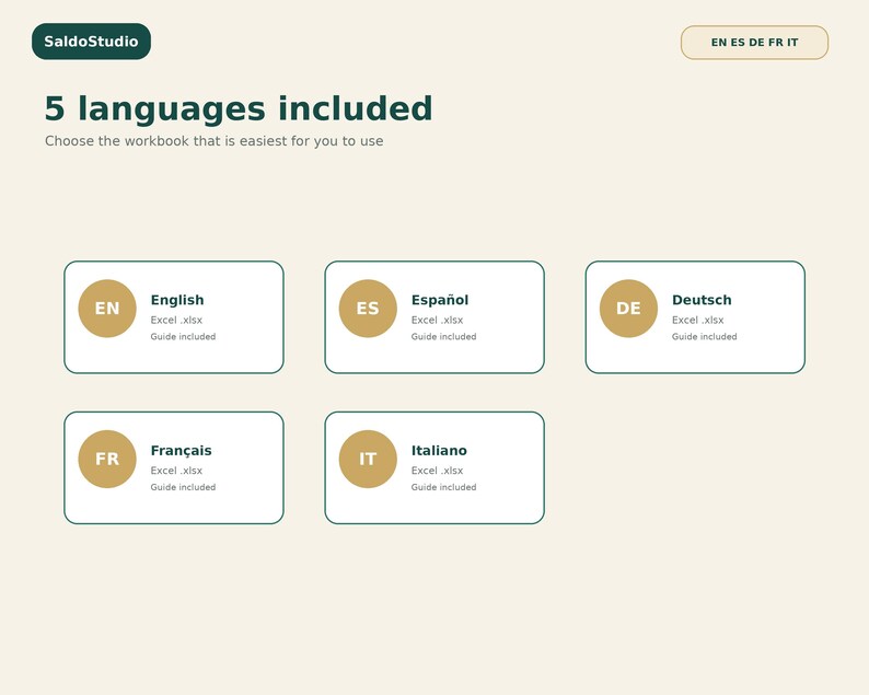 May include: A digital interface titled SaldoStudio featuring 5 languages included. It displays five rectangular boxes, each containing a language code, the language name, Excel .xlsx file format, and the text Guide included for English, Spanish, German, French, and Italian.