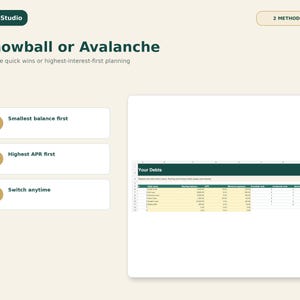 May include: A digital debt management template titled Snowball or Avalanche by SaldoStudio. It features three numbered steps: Smallest balance first, Highest APR first, and Switch anytime. A spreadsheet table labeled Your Debts is displayed.