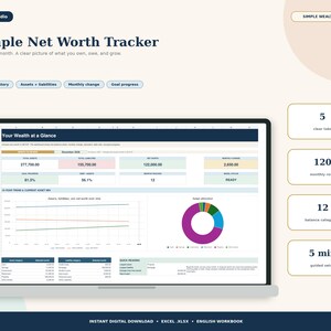 Peut inclure: Un modèle de feuille de calcul numérique intitulé Simple Net Worth Tracker affiché sur un écran d'ordinateur portable. L'interface présente un tableau de bord avec des indicateurs financiers, un graphique linéaire, un diagramme circulaire et des tableaux.