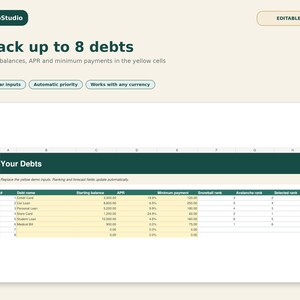 May include: A digital debt tracking spreadsheet template by SaldoStudio. The interface features a dark green header labeled Your Debts, with columns for debt name, starting balance, APR, minimum payment, and ranking methods like snowball and avalanche.