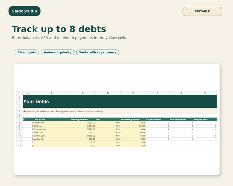 May include: A digital debt tracking spreadsheet template by SaldoStudio. The interface features a dark green header labeled Your Debts, with columns for debt name, starting balance, APR, minimum payment, and ranking methods like snowball and avalanche.