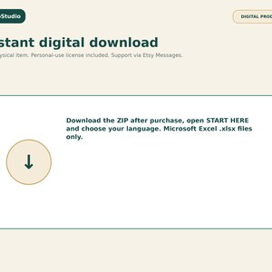 May include: A digital product listing for SaldoStudio featuring the text Instant digital download, No physical item. Personal-use license included. Support via Etsy Messages. Download the ZIP after purchase, open START HERE and choose your language. Microsoft Excel .xlsx files only.