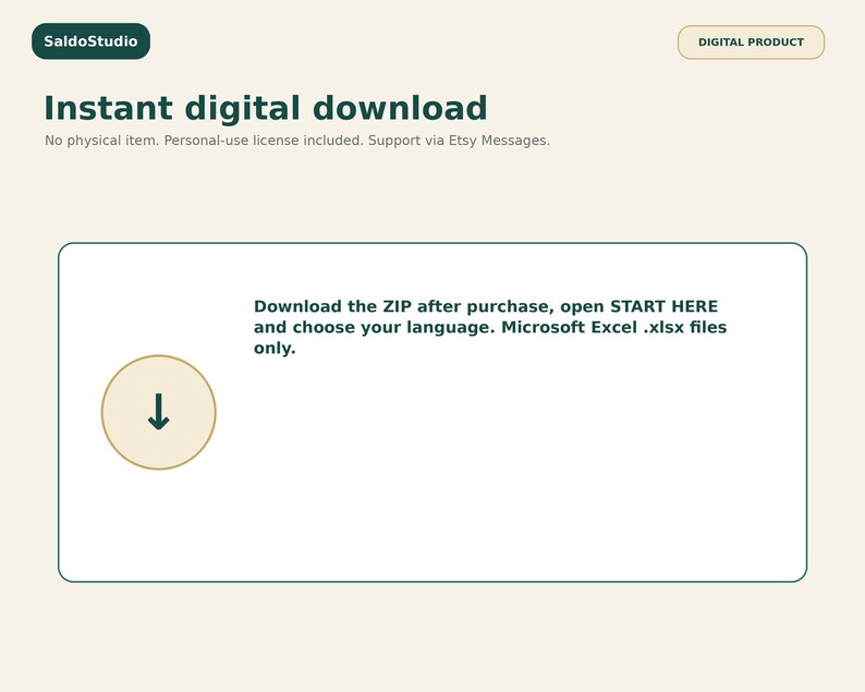May include: A digital product listing for SaldoStudio featuring the text Instant digital download, No physical item. Personal-use license included. Support via Etsy Messages. Download the ZIP after purchase, open START HERE and choose your language. Microsoft Excel .xlsx files only.