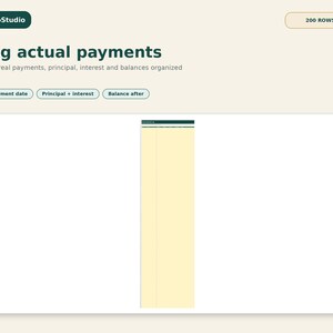 May include: A digital interface titled SaldoStudio Log actual payments with a 200 rows indicator. It features buttons for Payment date, Principal + interest, and Balance after, alongside a vertical spreadsheet table with a pale yellow background.