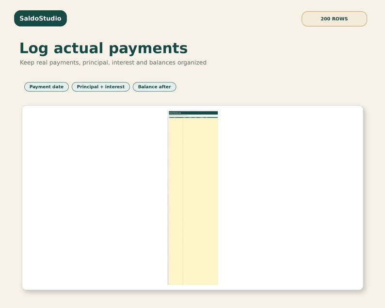 May include: A digital interface titled SaldoStudio Log actual payments with a 200 rows indicator. It features buttons for Payment date, Principal + interest, and Balance after, alongside a vertical spreadsheet table with a pale yellow background.