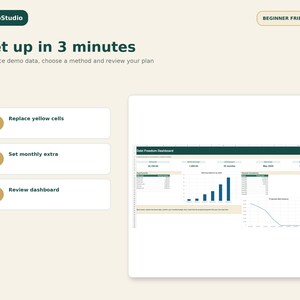May include: A digital debt freedom dashboard template with a beige background. The interface features three steps: replace yellow cells, set monthly extra, and review dashboard. A preview shows a spreadsheet with charts and financial data.