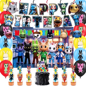 Peut inclure: Un ensemble de décorations d'anniversaire avec des personnages d'animaux en tenue médicale, incluant des ballons, une décoration de gâteau et une bannière avec le texte Happy Birthday, sur un fond sur le thème de l'hôpital.