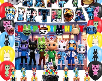 動物病院の異常現象をテーマにした誕生日パーティー用品、漫画キャラクターのハッピーバースデーバナー、モンスターゲームの子供向けパーティーデコレーション、カップケーキトッパー