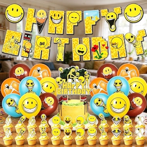 May include: A birthday party decoration set featuring yellow smiley face balloons, a cake topper with the text HAPPY BIRTHDAY, and a banner with the text HAPPY BIRTHDAY. The items include pixelated yellow letters and various illustrations of thin, pale, long-limbed figures and yellow smiley faces with wide, toothy grins.