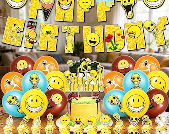 Può includere: Un set di decorazioni per compleanno con palloncini gialli a faccine sorridenti, un topper per torta con il testo HAPPY BIRTHDAY e uno striscione con il testo HAPPY BIRTHDAY. Gli articoli includono lettere gialle pixelate e varie illustrazioni di figure pallide, sottili e dagli arti lunghi, insieme a faccine sorridenti gialle con ampi sorrisi dentati.